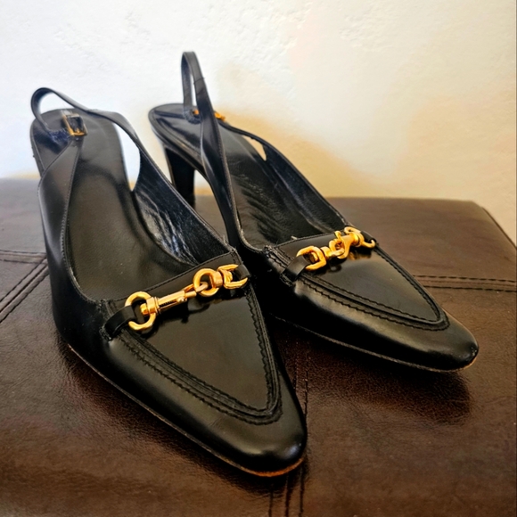 Coach Y2K VTG Italy Black Leather Golden Buckle Detail Sligback Heels Sz 7.5 - Picture 1 of 9